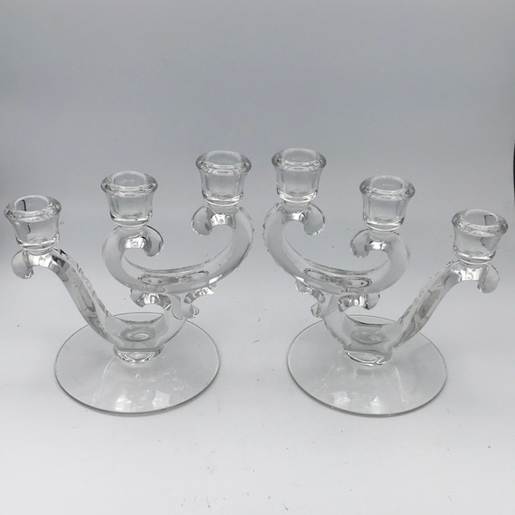 VTG Pair Fostoria Century Crystal 3 Light Candleholders - Picture 1 of 7